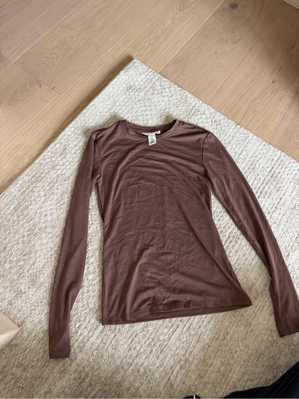 H&M Fitted Long-Sleeve Crewneck Top in Chocolate Brown